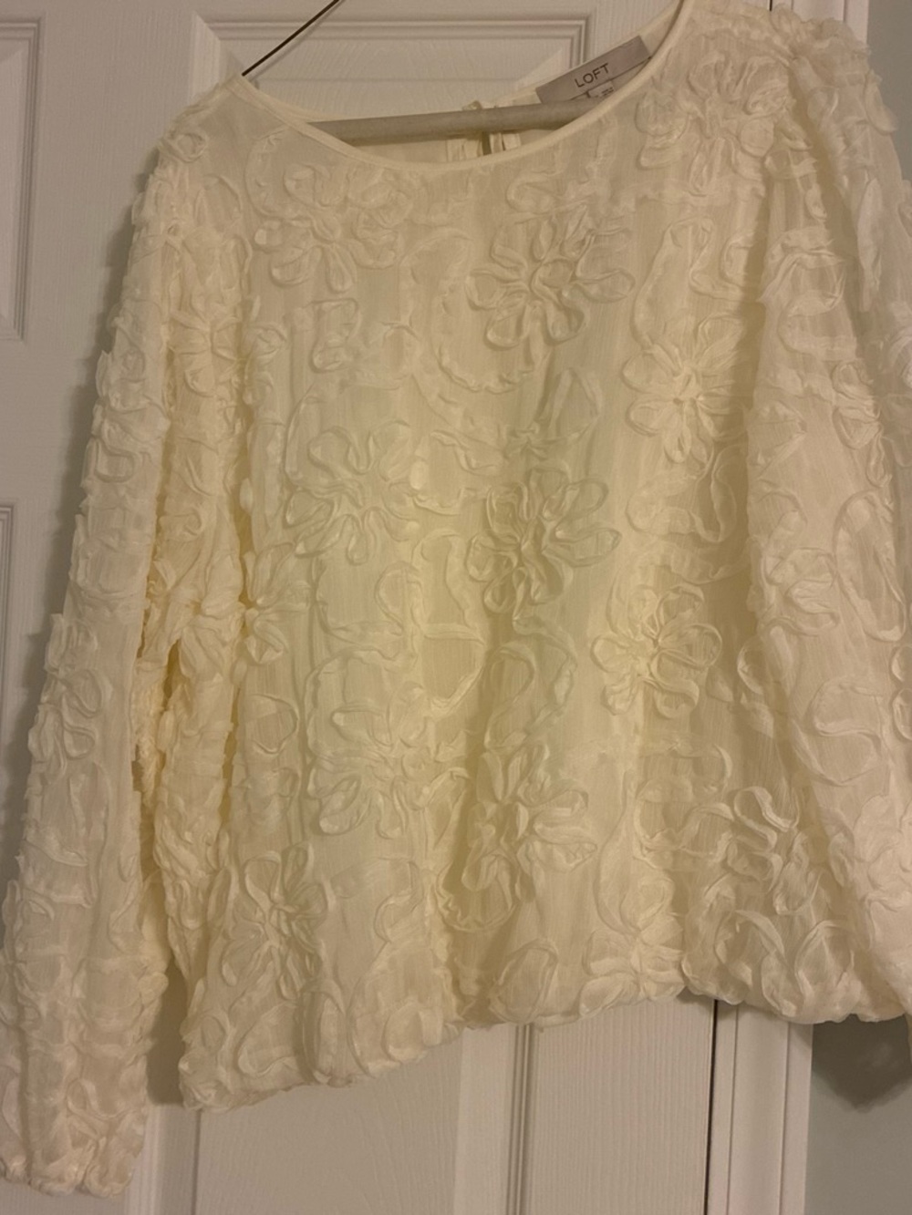 LOFT Ivory Floral Textured Long-Sleeve Blouse